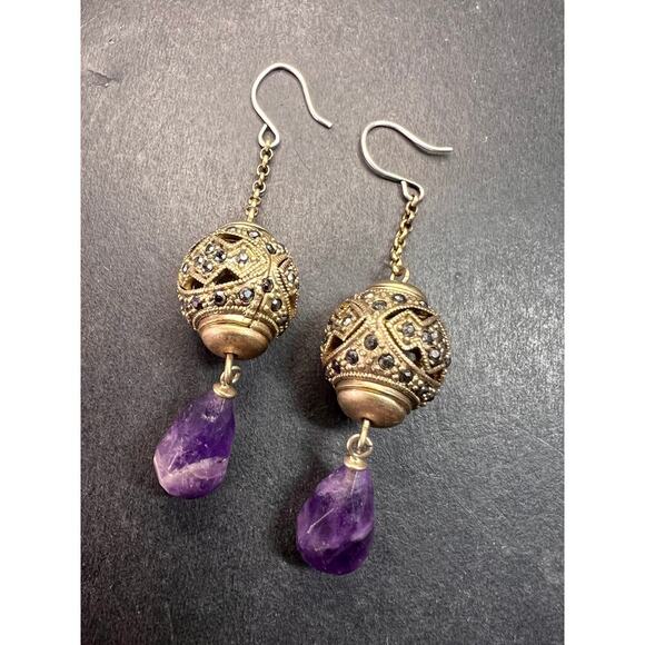 Vintage amethyst and marcasite sterling silver dangle earrings - Picture 2 of 16